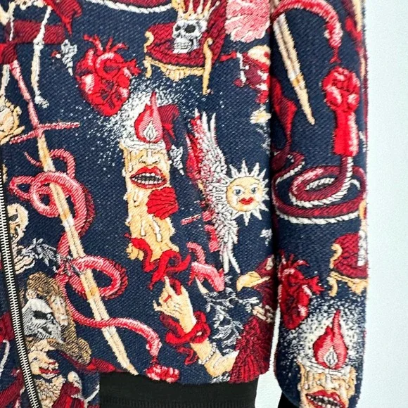 ZARA Mens Dark Blue All Over Skulls Skeletons Heart Graphic‎ Bomber Jacket - Picture 2 of 6